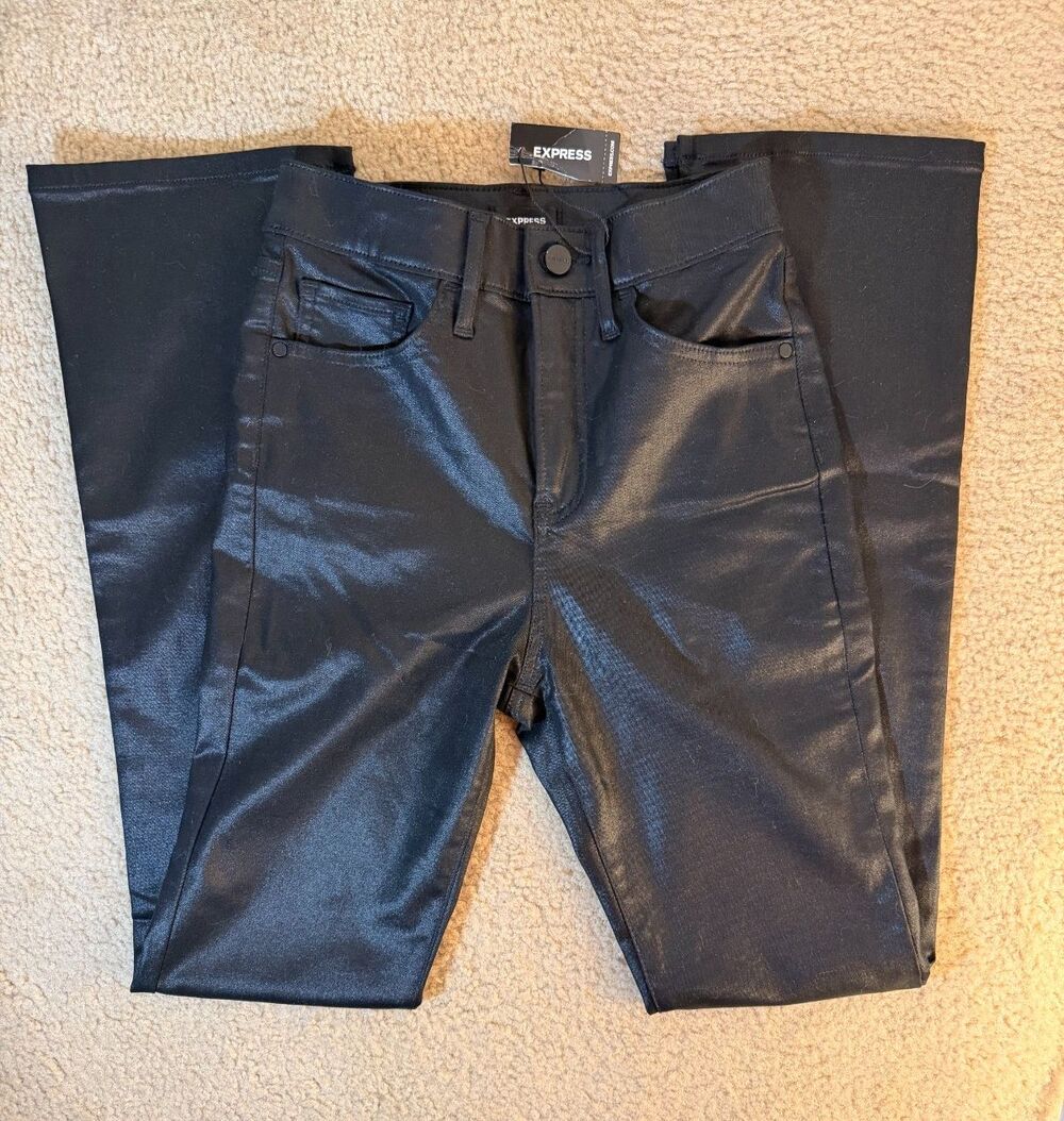 NWT Express Skyscraper Coated Black Flare Jeans Women's Size 0R High Rise